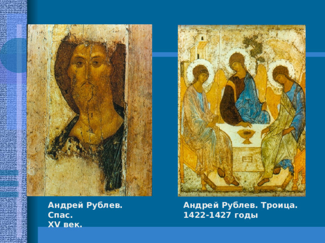 Андрей Рублев. Спас. XV век.  Андрей Рублев. Троица. 1422-1427 годы