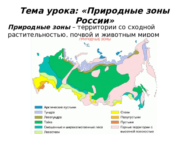 Тема урока: «Природные зоны России» Природные зоны – территории со сходной растительностью, почвой и животным миром