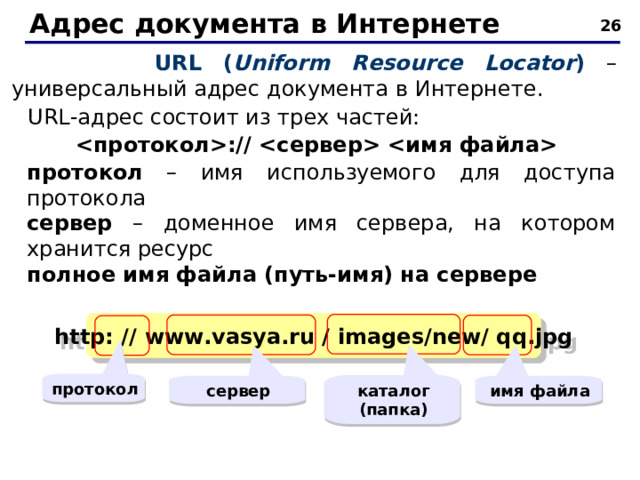 Адрес документа в Интернете   URL ( Uniform Resource Locator )  –  универсальный адрес документа в Интернете.  URL -адрес состоит из трех частей: ://    протокол – имя используемого для доступа протокола сервер – доменное имя сервера, на котором хранится ресурс полное имя файла (путь-имя) на сервере http:  //  www.vasya.ru  /  images/new/  qq.jpg протокол каталог (папка) сервер имя файла