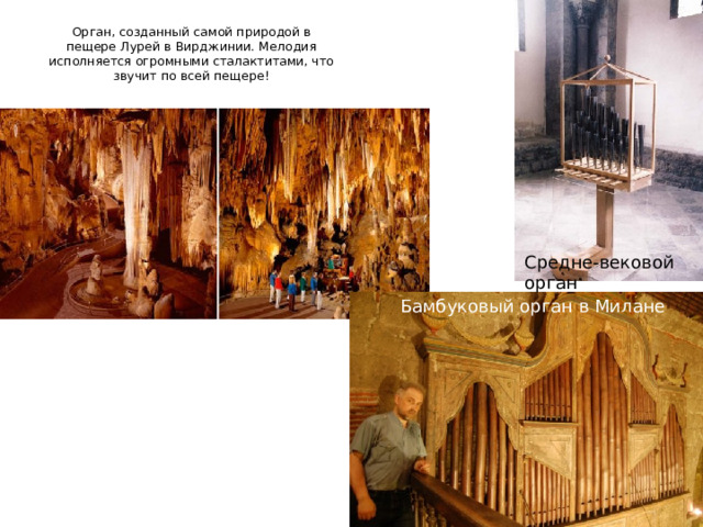 Орган, созданный самой природой в пещере Лурей в Вирджинии. Мелодия исполняется огромными сталактитами, что звучит по всей пещере! Средне-вековой орган Бамбуковый орган в Милане