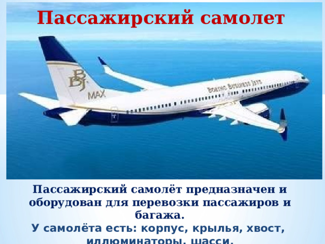 Пассажирский самолет Пассажирский самолёт предназначен и оборудован для перевозки пассажиров и багажа. У самолёта есть: корпус, крылья, хвост, иллюминаторы, шасси.