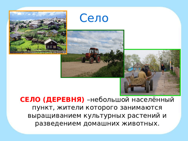Село  СЕЛО (ДЕРЕВНЯ)  –небольшой населённый пункт, жители которого занимаются выращиванием культурных растений и разведением домашних животных.