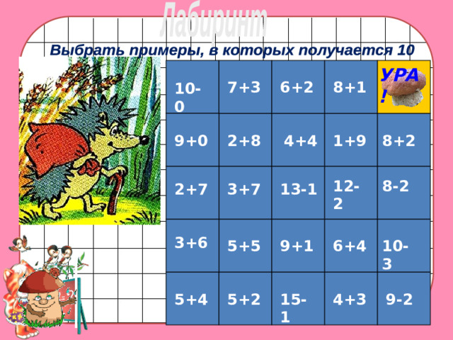 Лабиринт Выбрать примеры, в которых получается 10  УРА! 7+3 6+2 8+1 10-0 8+2 1+9 9+0 2+8 4+4 12-2 8-2 13-1 2+7 3+7 3+6 9+1 5+5 10-3 6+4 5+2 15-1 4+3 5+4 9-2