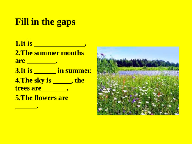 Fill in the gaps 1.It is ______________. 2.The summer months are ________. 3.It is ______ in summer. 4.The sky is _____, the trees are_______. 5.The flowers are ______.