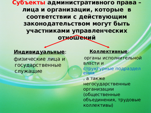 Субъекты административного права – лица и организации, которые в соответствии с действующим законодательством могут быть участниками управленческих отношений   Индивидуальные :  физические лица и государственные служащие Коллективные :  органы исполнительной власти и структурные подразделения , а также негосударственные организации (общественные объединения, трудовые коллективы)