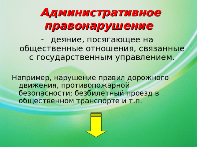 Административное правонарушение деяние, посягающее на общественные отношения, связанные с государственным управлением. Например, нарушение правил дорожного движения, противопожарной безопасности; безбилетный проезд в общественном транспорте и т.п.