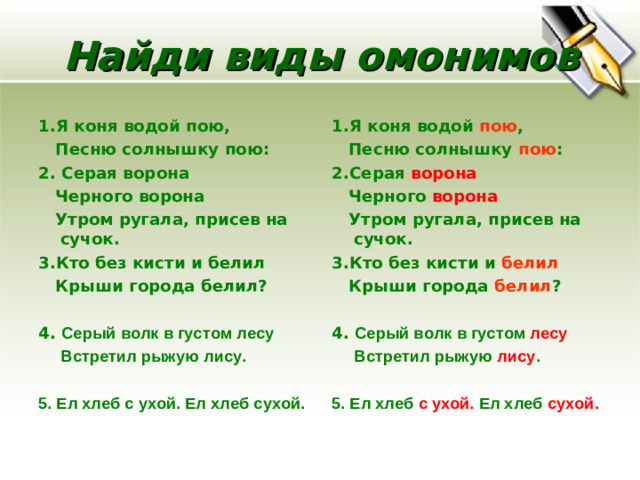 Найди виды омонимов 1.Я коня водой пою,  Песню солнышку пою: 2. Серая ворона  Черного ворона  Утром ругала, присев на сучок. 3.Кто без кисти и белил  Крыши города белил?  4. Серый волк в густом лесу 1.Я коня водой пою ,  Песню солнышку пою : 2.Серая ворона  Черного ворона  Утром ругала, присев на сучок. 3.Кто без кисти и белил  Крыши города белил ?  4. Серый волк в густом лесу   Встретил рыжую лису.  Встретил рыжую лису .  5. Ел хлеб с ухой. Ел хлеб сухой.  5. Ел хлеб с ухой. Ел хлеб сухой.