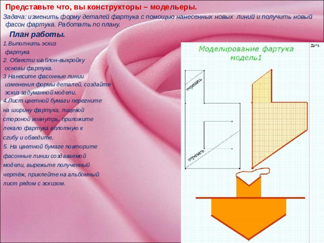 .  Представьте что, вы конструкторы – модельеры. Задача: изменить форму деталей фартука с помощью нанесенных новых линий и получить новый фасон фартука. Работать по плану.  План работы. 1.Выполнить эскиз  фартука 2. Обвести шаблон-выкройку  основы фартука. 3 Нанесите фасонные линии  изменения формы деталей, создайте  эскиз задуманной модели . 4.Лист цветной бумаги перегните на ширину фартука, лицевой стороной вовнутрь, приложите лекало фартука вплотную к сгибу и обведите. 5. На цветной бумаге повторите фасонные линии создаваемой модели, вырежьте полученный чертёж, приклейте на альбомный лист рядом с эскизом.        Практическую работу учащиеся выполняют по технологическим картам «Моделирование фартука» и плану. У каждой учащейся на столе альбомный лист, шаблон - выкройка, карандаши, ножницы, клей, цветная бумага. Контроль и индивидуальная помощь учителя учащимся.