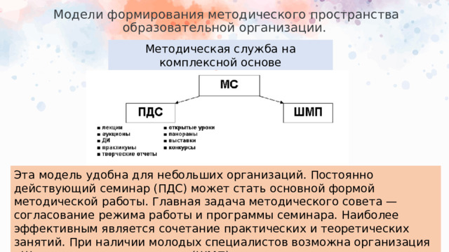 Модели формирования методического пространства образовательной организации.   Методическая служба на комплексной основе Эта модель удобна для небольших организаций. Постоянно действующий семинар (ПДС) может стать основной формой методической работы. Главная задача методического совета — согласование режима работы и программы семинара. Наиболее эффективным является сочетание практических и теоретических занятий. При наличии молодых специалистов возможна организация «Школы молодого педагога» (ШМП).