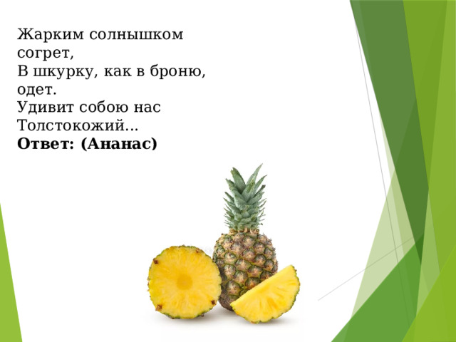 Жарким солнышком согрет, В шкурку, как в броню, одет. Удивит собою нас Толстокожий... Ответ: (Ананас)