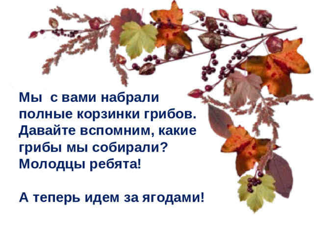 Мы с вами набрали полные корзинки грибов. Давайте вспомним, какие грибы мы собирали? Молодцы ребята!  А теперь идем за ягодами!