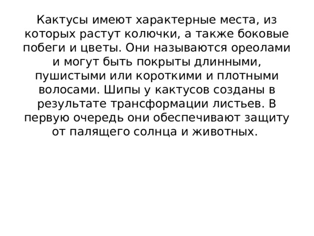 Кактусы имеют характерные места, из которых растут колючки, а также боковые побеги и цветы. Они называются ореолами и могут быть покрыты длинными, пушистыми или короткими и плотными волосами. Шипы у кактусов созданы в результате трансформации листьев. В первую очередь они обеспечивают защиту от палящего солнца и животных.