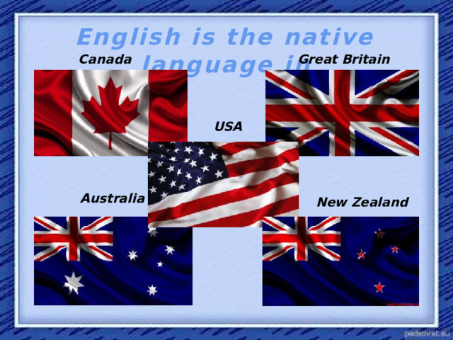 English is the native language in Canada Great Britain USA Australia New Zealand