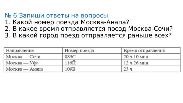 № 6 Запиши ответы на вопросы  1. Какой номер поезда Москва-Анапа?  2. В какое время отправляется поезд Москва-Сочи?  3. В какой город поезд отправляется раньше всех?