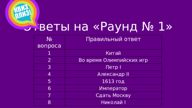 Ответы на «Раунд № 1»   № вопроса Правильный ответ 1 Китай 2 Во время Олимпийских игр 3 Петр I 4 Александр II 5 1613 год 6 Император 7 Сдать Москву 8 Николай I