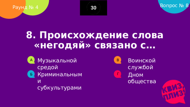 Вопрос № 8 Раунд № 4 8. Происхождение слова «негодяй» связано с…     Музыкальной средой Воинской службой А В Криминальными субкультурами Дном общества Г Б