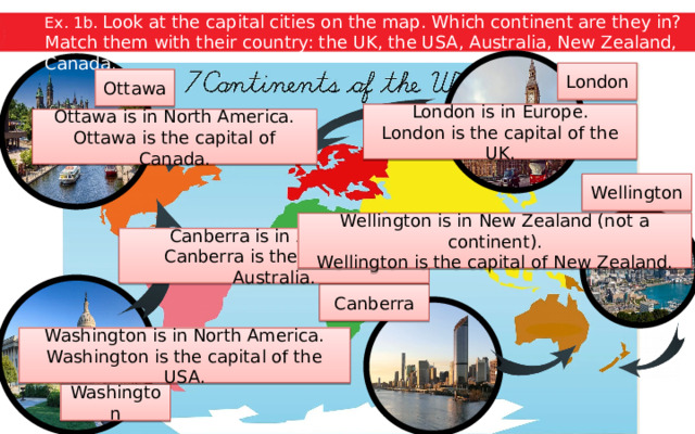 Ex. 1b. Look at the capital cities on the map. Which continent are they in? Match them with their country: the UK, the USA, Australia, New Zealand, Canada. London Ottawa London is in Europe. London is the capital of the UK. Ottawa is in North America. Ottawa is the capital of Canada. Wellington Wellington is in New Zealand (not a continent). Wellington is the capital of New Zealand. Canberra is in Australia. Canberra is the capital of Australia. Canberra Washington is in North America. Washington is the capital of the USA. Washington