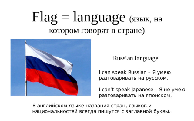 Flag = language (язык, на котором говорят в стране) Russian language I can speak Russian – Я умею разговаривать на русском. I can’t speak Japanese – Я не умею разговаривать на японском. В английском языке названия стран, языков и национальностей всегда пишутся с заглавной буквы.