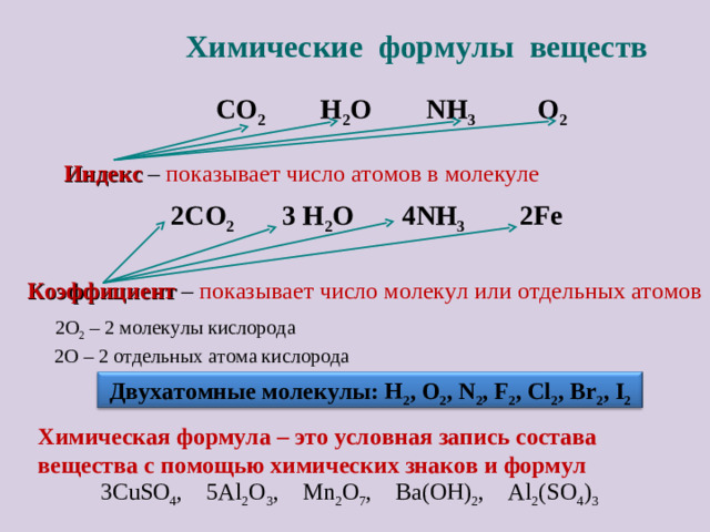 Химические формулы веществ СО 2 Н 2 О NH 3 O 2  Индекс – показывает число атомов в молекуле 2СО 2 3 Н 2 О 4 NH 3 2Fe   Коэффициент – показывает число молекул или отдельных атомов 2O 2 – 2 молекулы кислорода 2O – 2 отдельных атома кислорода Двухатомные молекулы: H 2 , O 2 , N 2 , F 2 , Cl 2 , Br 2 , I 2 Химическая формула – это условная запись состава вещества с помощью химических знаков и формул 3С uSO 4 , 5Al 2 O 3 , Mn 2 O 7 , Ba(OH) 2 , Al 2 (SO 4 ) 3