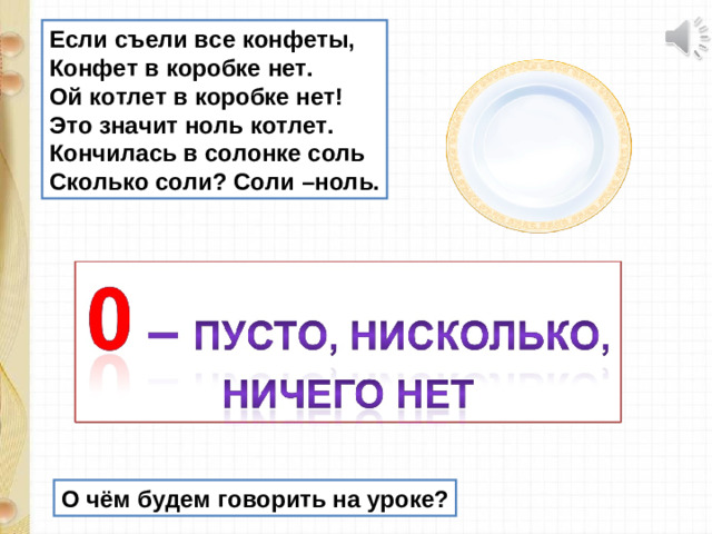 Если съели все конфеты, Конфет в коробке нет. Ой котлет в коробке нет! Это значит ноль котлет. Кончилась в солонке соль Сколько соли? Соли –ноль. О чём будем говорить на уроке?