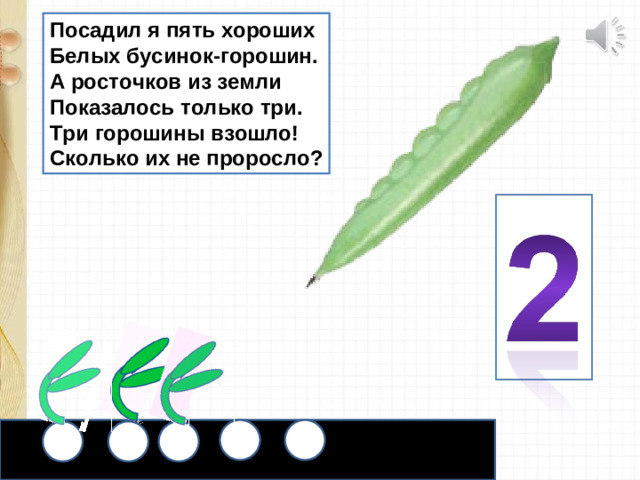 Посадил я пять хороших Белых бусинок-горошин. А росточков из земли Показалось только три. Три горошины взошло! Сколько их не проросло?