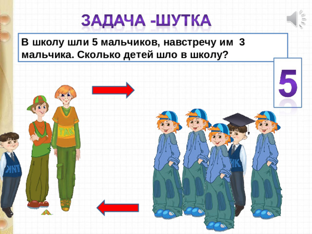 В школу шли 5 мальчиков, навстречу им 3 мальчика. Сколько детей шло в школу?