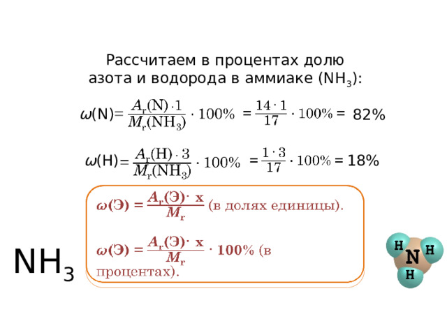 Рассчитаем в процентах долю азота и водорода в аммиаке (NH 3 ):     ω (N) 82%     ω (H)  18%   NH 3