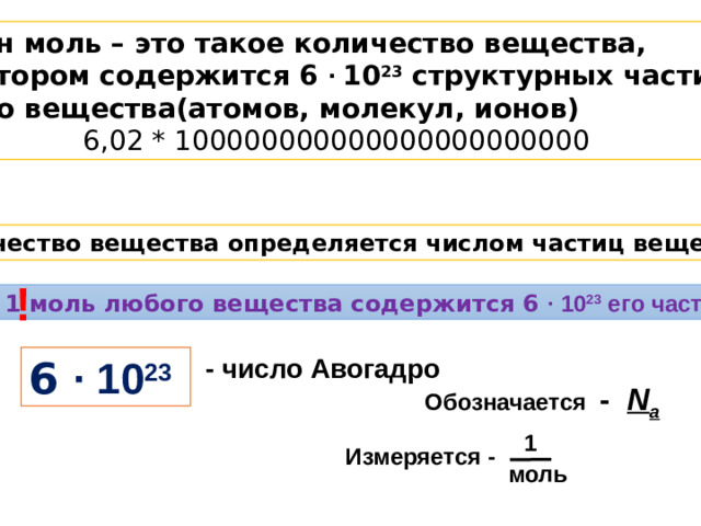 Один моль – это такое количество вещества, в котором содержится 6 ∙ 10 23 структурных частиц этого вещества(атомов, молекул, ионов) 6,02 * 100000000000000000000000 Количество вещества определяется числом частиц вещества. ! В 1 моль любого вещества содержится 6 ∙ 10 23 его частиц. 6 ∙ 10 23   - число Авогадро Обозначается - N a 1 Измеряется - моль