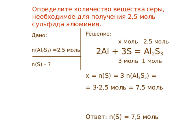 Определите количество вещества серы, необходимое для получения 2,5 моль сульфида алюминия. Решение:  x моль 2 ,5 моль  2Al + 3S = Al 2 S 3   3 моль 1 моль x = n( S ) = 3 n( Al 2 S 3 ) = = 3·2,5 моль = 7,5 моль Ответ: n( S ) = 7,5 моль Дано: n( Al 2 S 3 ) = 2 ,5 моль n( S ) – ?