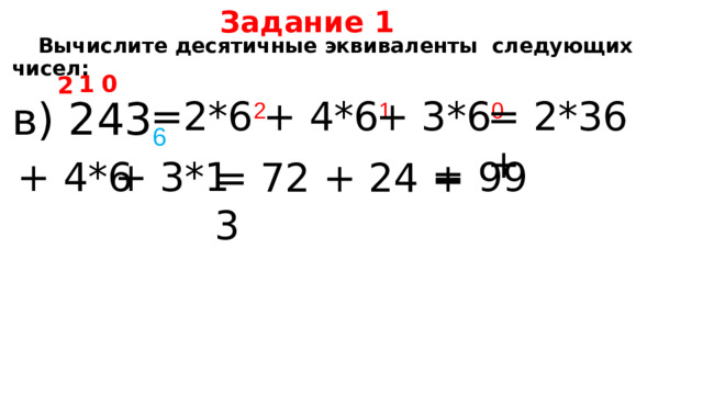 Задание 1  Вычислите десятичные эквиваленты следующих чисел: 0 1 2 в) 243 6  =2*6 2 + 4*6 1 = 2*36 + + 3*6 0 = 99 + 4*6 + 3*1 = 72 + 24 + 3