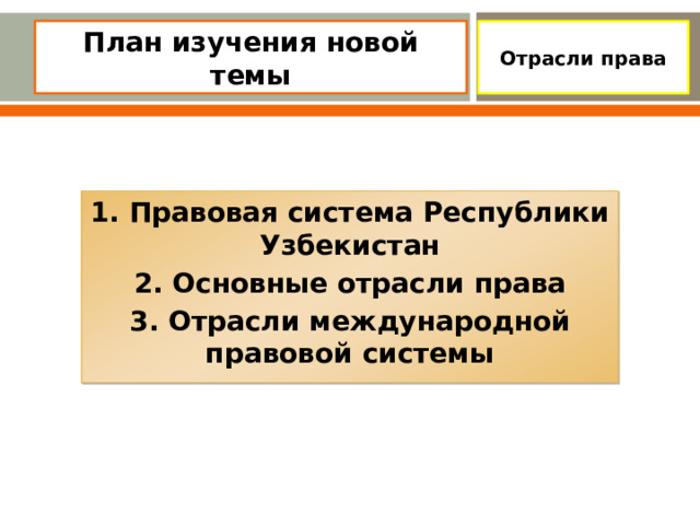 План изучения новой темы   Отрасли права 1. Правовая система Республики Узбекистан 2. Основные отрасли права 3. Отрасли международной правовой системы