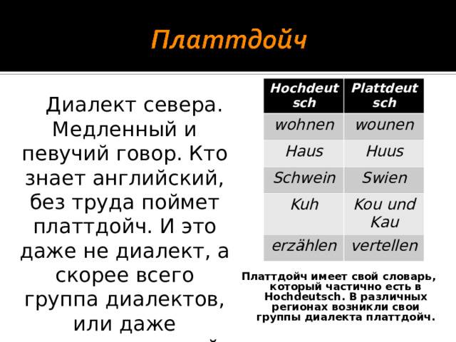 Hochdeutsch Plattdeutsch wohnen wounen Haus Huus Schwein Swien Kuh Kou und Kau erzählen vertellen  Диалект севера. Медленный и певучий говор. Кто знает английский, без труда поймет платтдойч. И это даже не диалект, а скорее всего группа диалектов, или даже самостоятельный язык. Платтдойч имеет свой словарь, который частично есть в Hochdeutsch . В различных регионах возникли свои группы диалекта платтдойч.