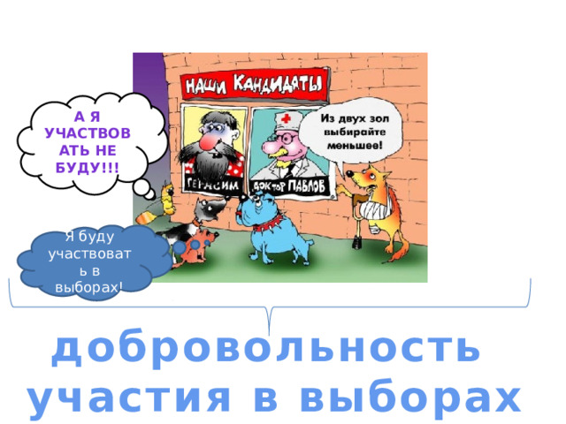 А я участвовать не буду!!! Я буду участвовать в выборах! добровольность участия в выборах