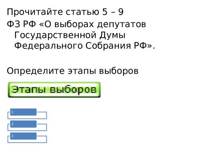 Прочитайте статью 5 – 9 ФЗ РФ «О выборах депутатов Государственной Думы Федерального Собрания РФ». Определите этапы выборов 1 2 3