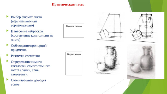 Практическая часть Выбор формат листа (вертикально или горизонтально) Нанесение набросков (составление композиции на листе) Соблюдение пропорций предметов Разметка светотени Определение самого светлого и самого темного места (блики, тень, светотень); Окончательная доводка тонов Горизонтально Вертикально