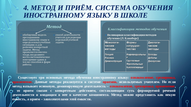 4.  Метод и приём. Система обучения иностранному языку в школе  Существует три основных метода обучения иностранному языку: ознакомление, тренировка, применение. Данные методы реализуется в системе приемов, используемых учителем. Но если метод называет основную, доминирующую деятельность – ознакомление, тренировка, применение , - то прием связан с конкретным действием, составляющим суть формируемой речевой деятельности и входящим в нее в качестве компонента. Метод можно представить как некую емкость, а прием – заполнителями этой емкости.