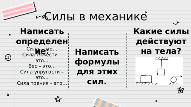Силы в механике Какие силы действуют на тела? Написать определение: Написать формулы для этих сил. Сила – это…  Сила тяжести – это…  Вес – это…  Сила упругости – это…  Сила трения – это…
