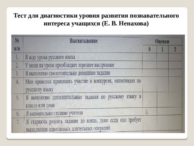 Тест для диагностики уровня развития  познавательного интереса учащихся (Е. В. Ненахова)