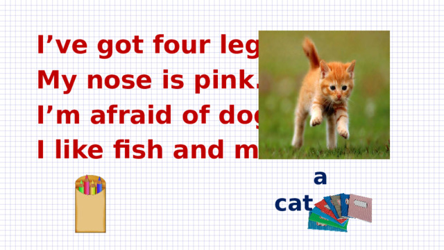 I’ve got four legs. My nose is pink. I’m afraid of dogs. I like fish and milk.  a cat