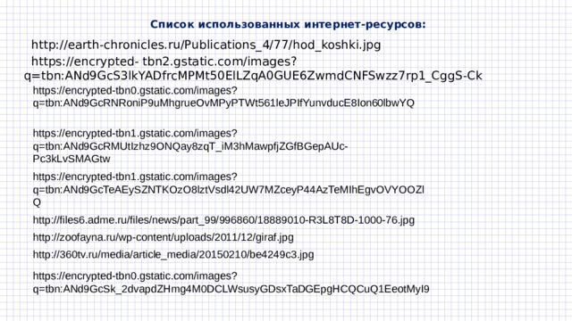 http://360tv.ru/media/article_media/20150210/be4249c3.jpg Список использованных интернет-ресурсов:  http://earth-chronicles.ru/Publications_4/77/hod_koshki.jpg  https://encrypted- tbn2.gstatic.com/images?q=tbn:ANd9GcS3lkYADfrcMPMt50ElLZqA0GUE6ZwmdCNFSwzz7rp1_CggS-Ck https://encrypted-tbn0.gstatic.com/images?q=tbn:ANd9GcRNRoniP9uMhgrueOvMPyPTWt561leJPIfYunvducE8Ion60lbwYQ https://encrypted-tbn1.gstatic.com/images?q=tbn:ANd9GcRMUtIzhz9ONQay8zqT_iM3hMawpfjZGfBGepAUc-Pc3kLvSMAGtw https://encrypted-tbn1.gstatic.com/images?q=tbn:ANd9GcTeAEySZNTKOzO8lztVsdl42UW7MZceyP44AzTeMIhEgvOVYOOZlQ http://files6.adme.ru/files/news/part_99/996860/18889010-R3L8T8D-1000-76.jpg http://zoofayna.ru/wp-content/uploads/2011/12/giraf.jpg https://encrypted-tbn0.gstatic.com/images?q=tbn:ANd9GcSk_2dvapdZHmg4M0DCLWsusyGDsxTaDGEpgHCQCuQ1EeotMyI9