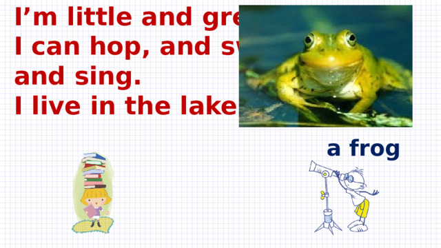 I’m little and green,  I can hop, and swim,  and sing.  I live in the lake.    a frog