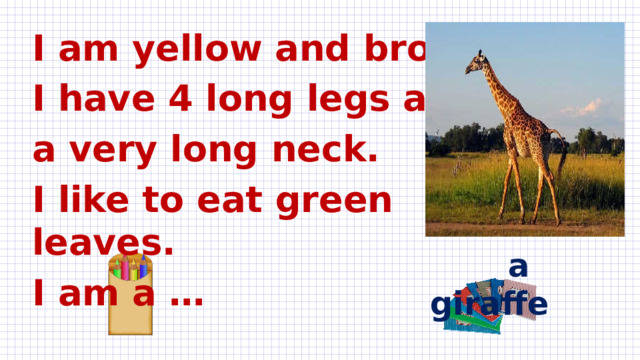 I am yellow and brown. I have 4 long legs and a very long neck. I like to eat green leaves. I am a …  a giraffe