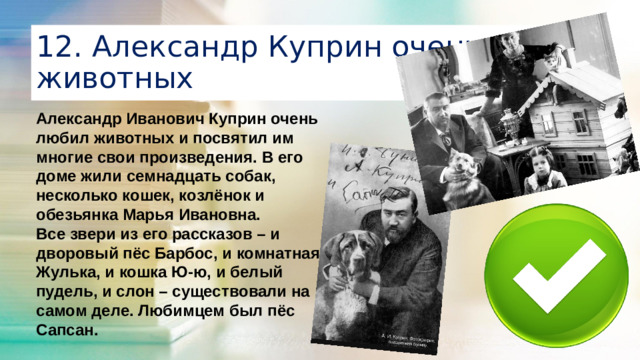 12. Александр Куприн очень любил животных Александр Иванович Куприн очень любил животных и посвятил им многие свои произведения. В его доме жили семнадцать собак, несколько кошек, козлёнок и обезьянка Марья Ивановна. Все звери из его рассказов – и дворовый пёс Барбос, и комнатная Жулька, и кошка Ю-ю, и белый пудель, и слон – существовали на самом деле. Любимцем был пёс Сапсан.