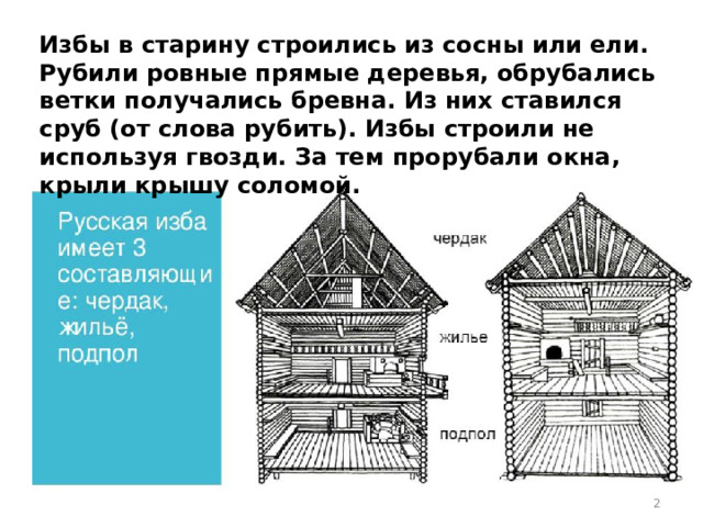 Избы в старину строились из сосны или ели. Рубили ровные прямые деревья, обрубались ветки получались бревна. Из них ставился сруб (от слова рубить). Избы строили не используя гвозди. За тем прорубали окна, крыли крышу соломой.