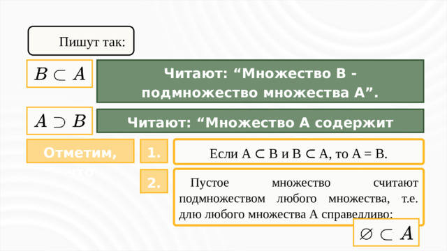 Пишут так: Читают: “Множество B - подмножество множества A”. Читают: “Множество A содержит множество B”. Отметим, что 1. Если A ⊂ B и B ⊂ A, то A = B. 2.  Пустое множество считают подмножеством любого множества, т.е. длю любого множества А справедливо:
